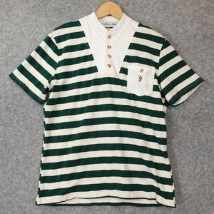 Stretch Popover Mock Polo Shirt Men S Green Striped JAMES KING Goat Logo Stretch